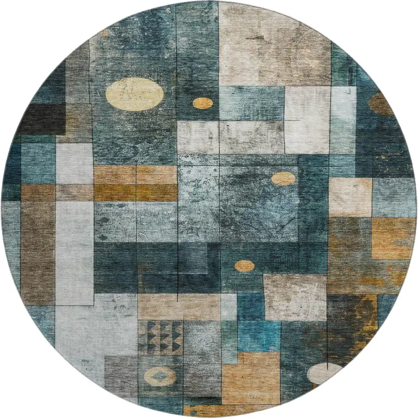 8' Teal Brown And Ivory Geometric Washable Round Rug With UV Protection Photo 1