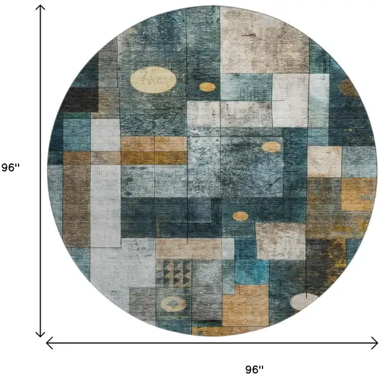 8' Teal Brown And Ivory Geometric Washable Round Rug With UV Protection Photo 9