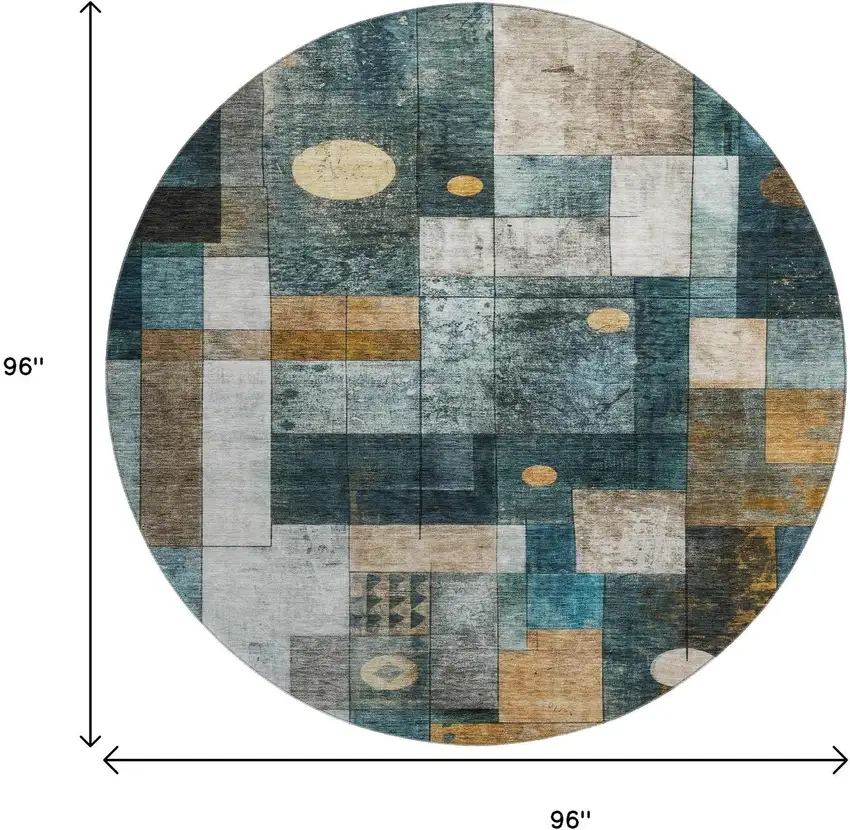 8' Teal Brown And Ivory Geometric Washable Round Rug With UV Protection Photo 9