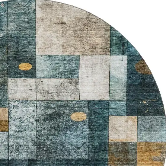 8' Teal Brown And Ivory Geometric Washable Round Rug With UV Protection Photo 3