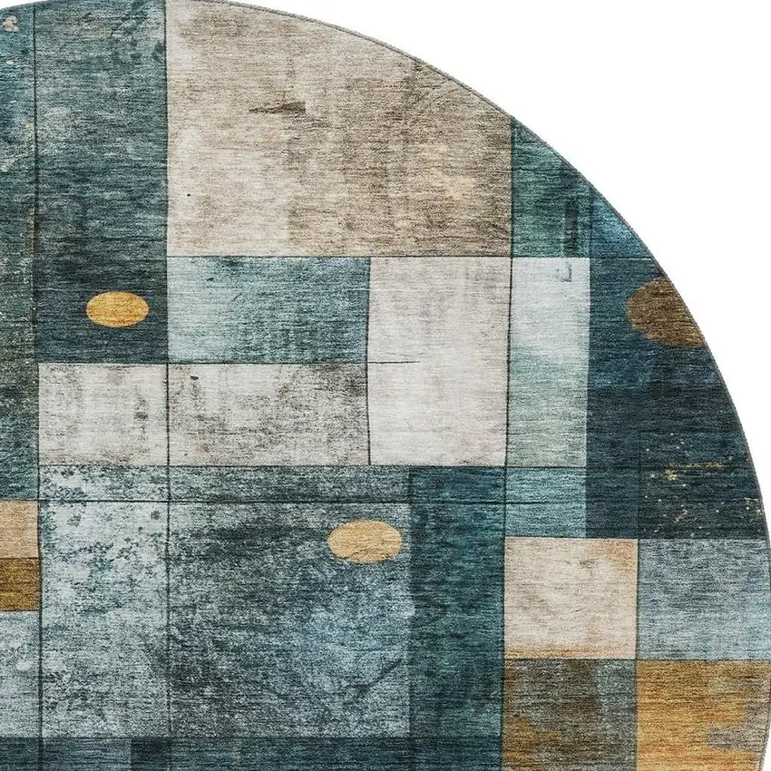 8' Teal Brown And Ivory Geometric Washable Round Rug With UV Protection Photo 3