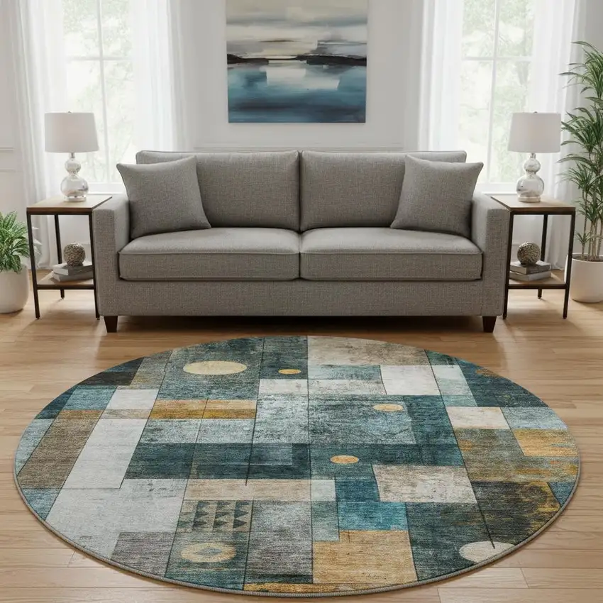 8' Teal Brown And Ivory Geometric Washable Round Rug With UV Protection Photo 2