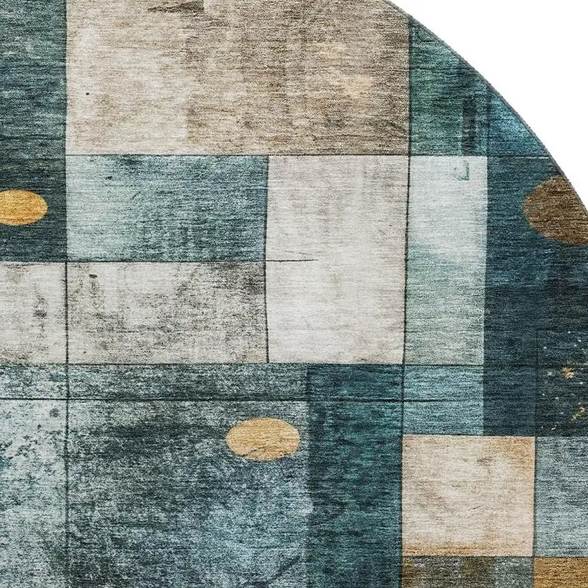8' Teal Brown And Ivory Geometric Washable Round Rug With UV Protection Photo 2
