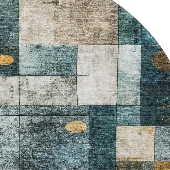 8' Teal Brown And Ivory Geometric Washable Round Rug With UV Protection Photo 2
