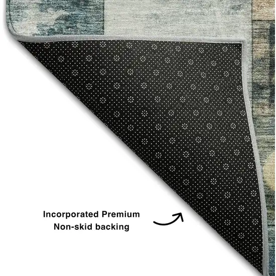 8' Teal Brown And Ivory Geometric Washable Round Rug With UV Protection Photo 5