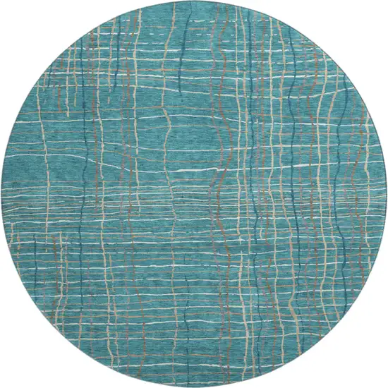 8' Teal Brown And Ivory Striped Washable Round Rug With UV Protection Photo 1