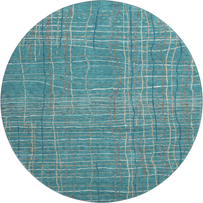 8' Teal Brown And Ivory Striped Washable Round Rug With UV Protection Photo 1