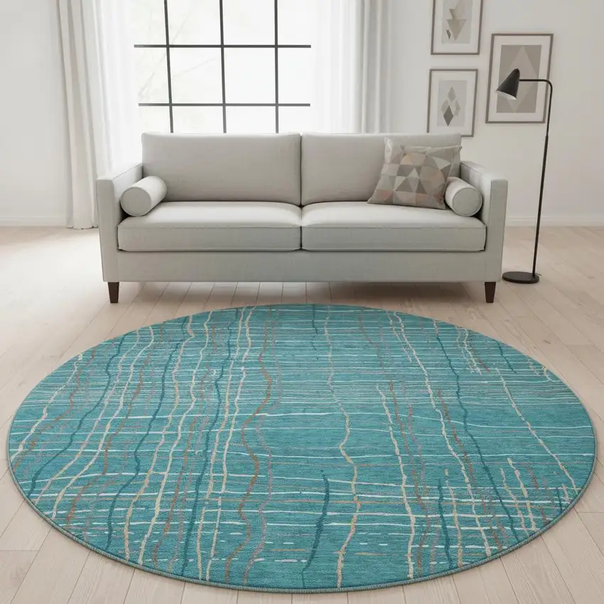 8' Teal Brown And Ivory Striped Washable Round Rug With UV Protection Photo 2