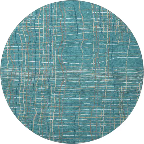 8' Teal Brown And Ivory Striped Washable Round Rug With UV Protection Photo 2