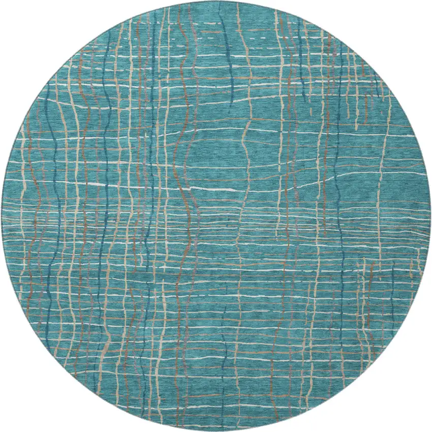 8' Teal Brown And Ivory Striped Washable Round Rug With UV Protection Photo 2
