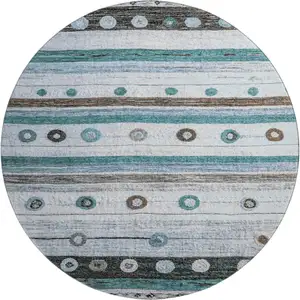 Photo of 8' Teal Brown And Ivory Striped Washable Round Rug With UV Protection