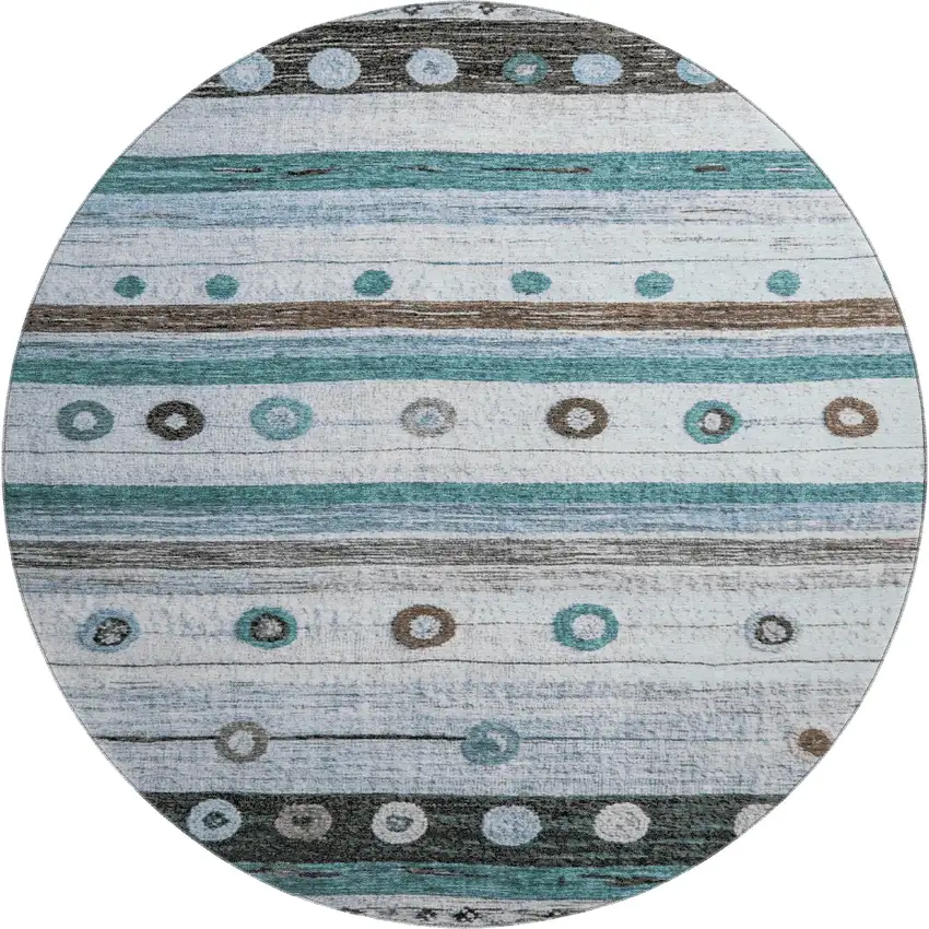 8' Teal Brown And Ivory Striped Washable Round Rug With UV Protection Photo 1