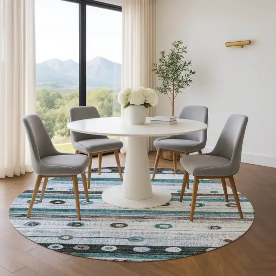 8' Teal Brown And Ivory Striped Washable Round Rug With UV Protection Photo 5