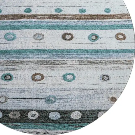 8' Teal Brown And Ivory Striped Washable Round Rug With UV Protection Photo 3