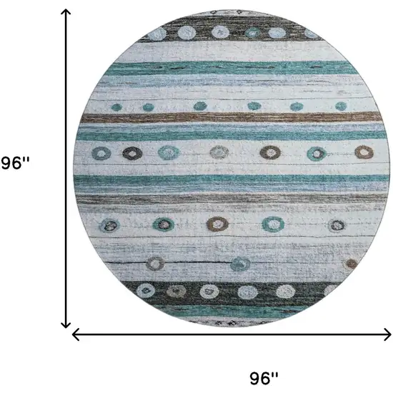 8' Teal Brown And Ivory Striped Washable Round Rug With UV Protection Photo 9