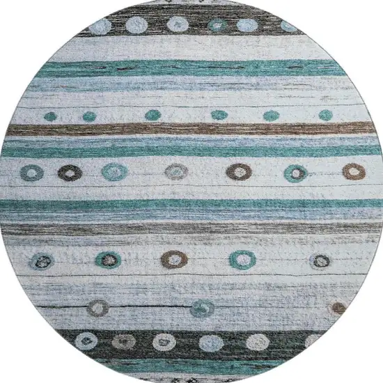 8' Teal Brown And Ivory Striped Washable Round Rug With UV Protection Photo 4