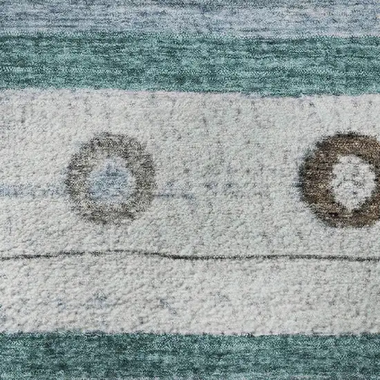 8' Teal Brown And Ivory Striped Washable Round Rug With UV Protection Photo 9