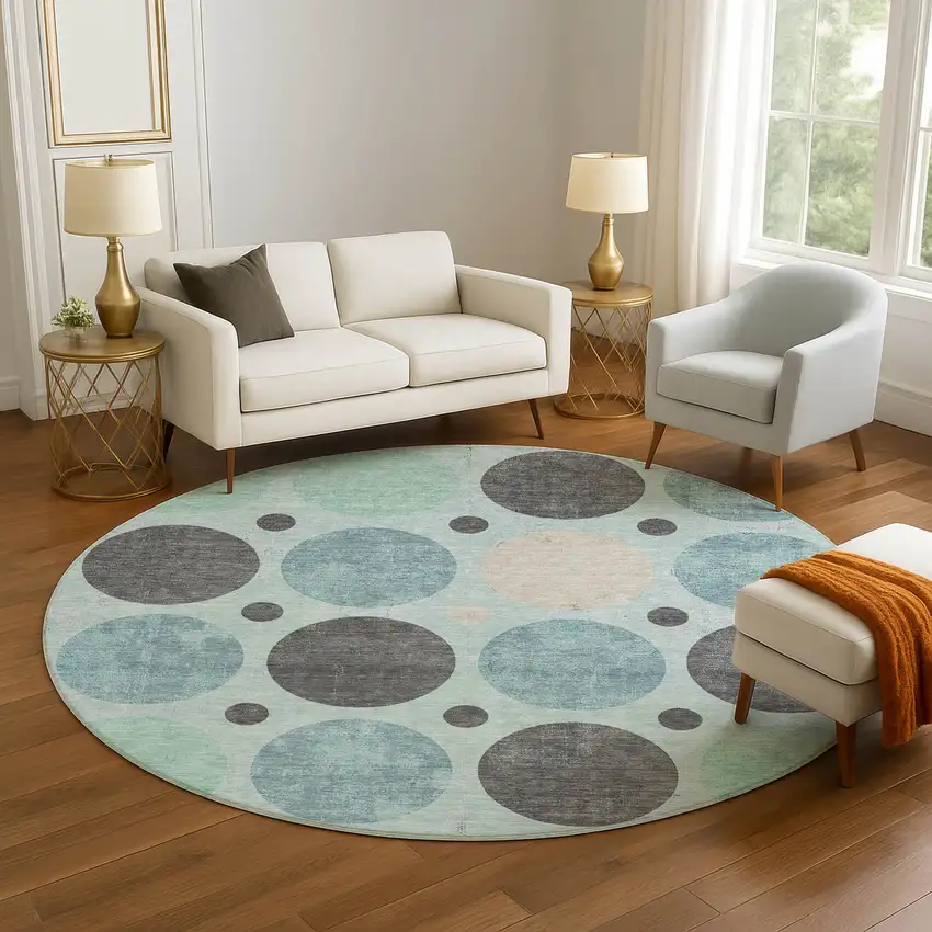 8' Teal Charcoal And Beige Geometric Washable Round Rug With UV Protection Photo 4