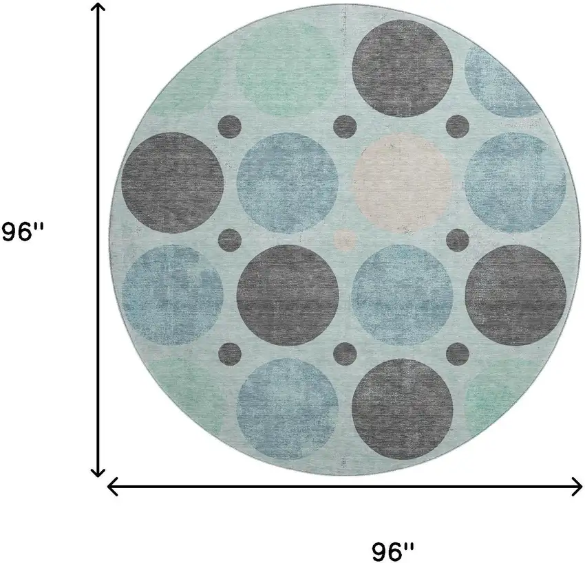8' Teal Charcoal And Beige Geometric Washable Round Rug With UV Protection Photo 9