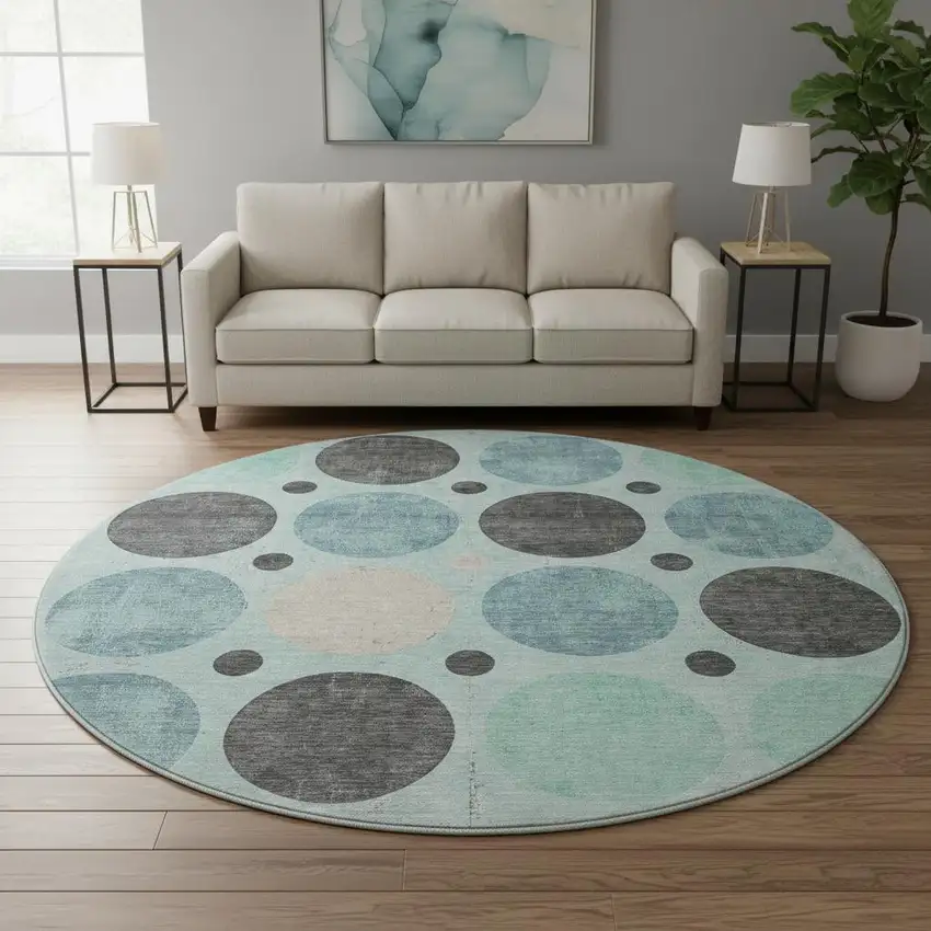 8' Teal Charcoal And Beige Geometric Washable Round Rug With UV Protection Photo 2