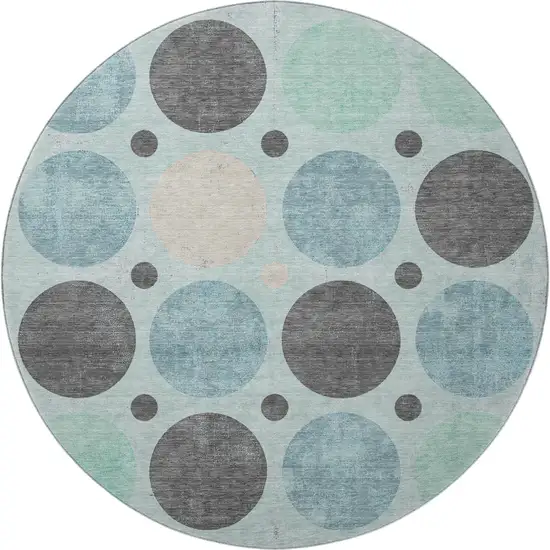 8' Teal Charcoal And Beige Geometric Washable Round Rug With UV Protection Photo 3