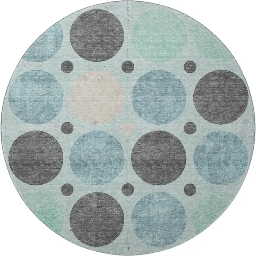 8' Teal Charcoal And Beige Geometric Washable Round Rug With UV Protection Photo 3