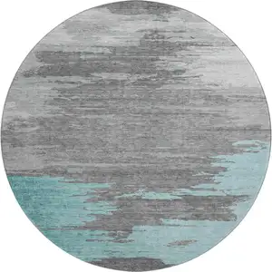 Photo of 8' Teal Charcoal And Gray Abstract Washable Round Rug With UV Protection
