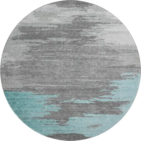 8' Teal Charcoal And Gray Abstract Washable Round Rug With UV Protection Photo 1