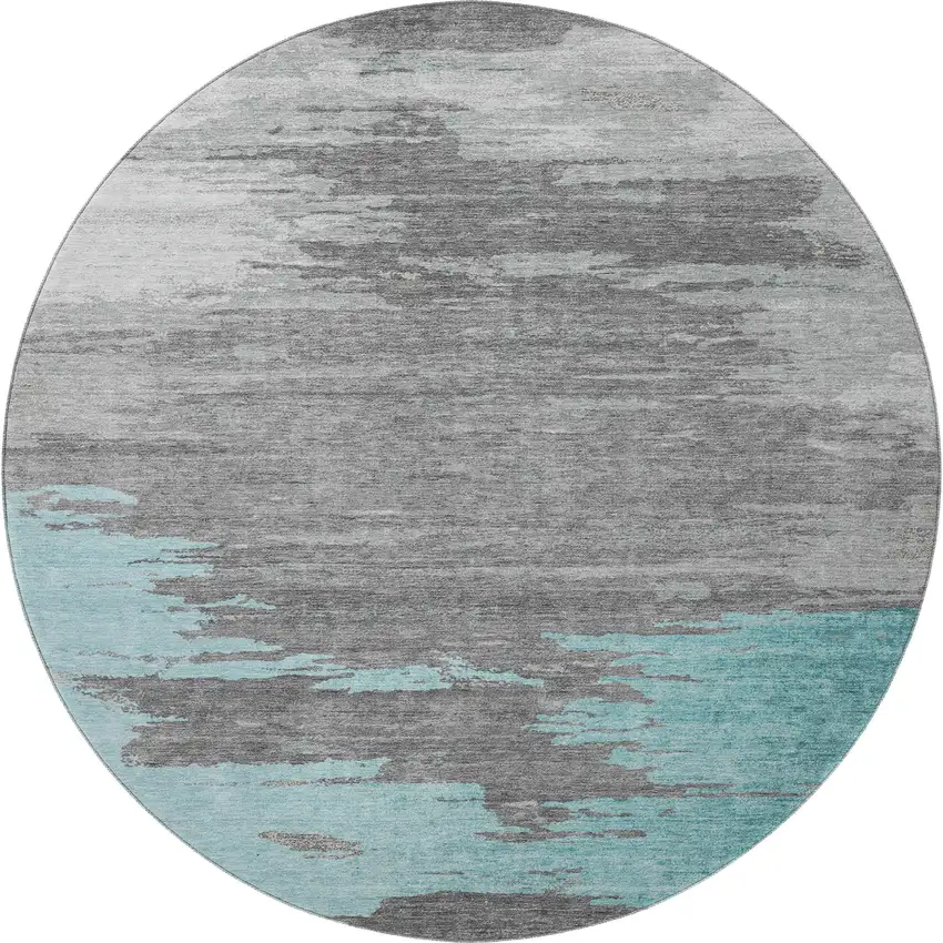 8' Teal Charcoal And Gray Abstract Washable Round Rug With UV Protection Photo 4