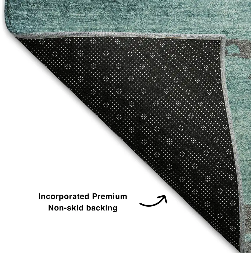 8' Teal Charcoal And Gray Abstract Washable Round Rug With UV Protection Photo 6