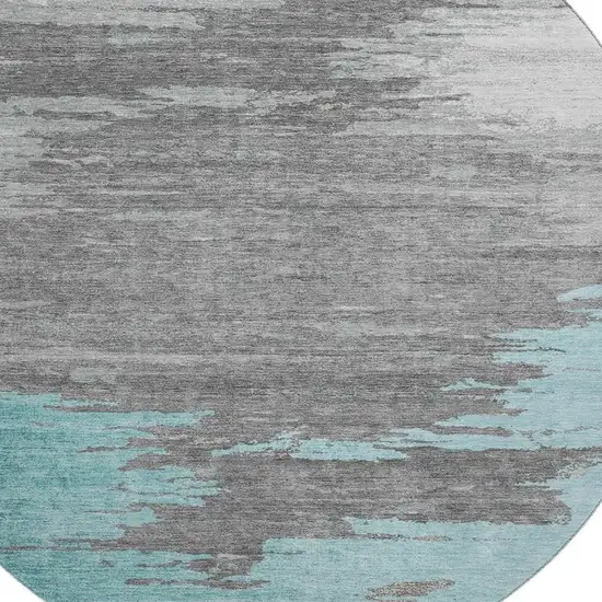 8' Teal Charcoal And Gray Abstract Washable Round Rug With UV Protection Photo 3