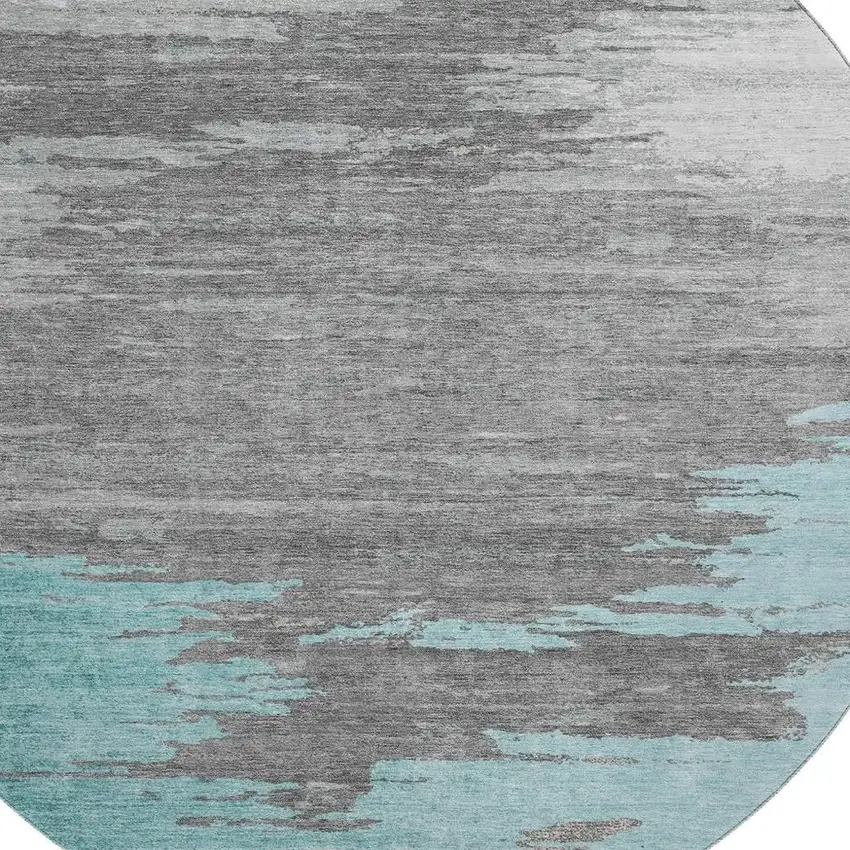 8' Teal Charcoal And Gray Abstract Washable Round Rug With UV Protection Photo 3
