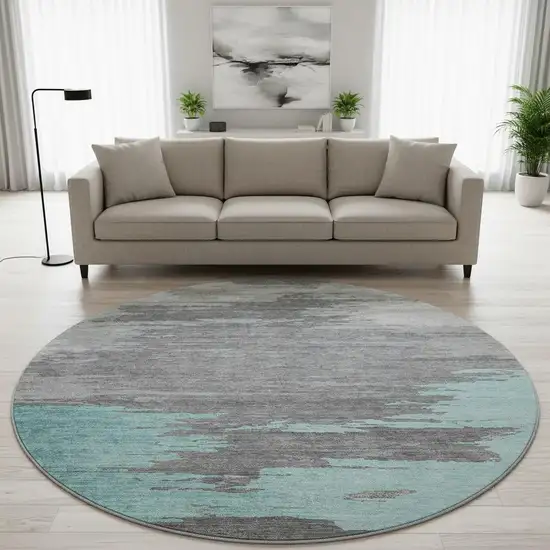 8' Teal Charcoal And Gray Abstract Washable Round Rug With UV Protection Photo 2