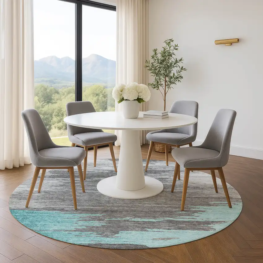 8' Teal Charcoal And Gray Abstract Washable Round Rug With UV Protection Photo 5