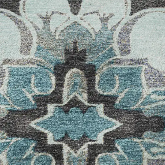 8' Teal Charcoal And Gray Floral Medallion Washable Round Rug With UV Protection Photo 9