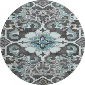 Photo of 8' Teal Charcoal And Gray Floral Medallion Washable Round Rug With UV Protection
