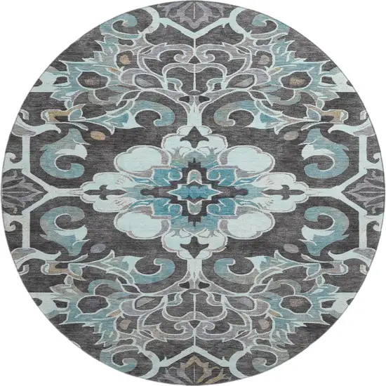 8' Teal Charcoal And Gray Floral Medallion Washable Round Rug With UV Protection Photo 1