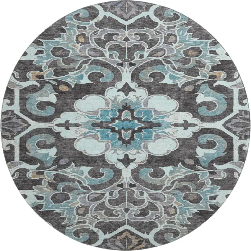 8' Teal Charcoal And Gray Floral Medallion Washable Round Rug With UV Protection Photo 1