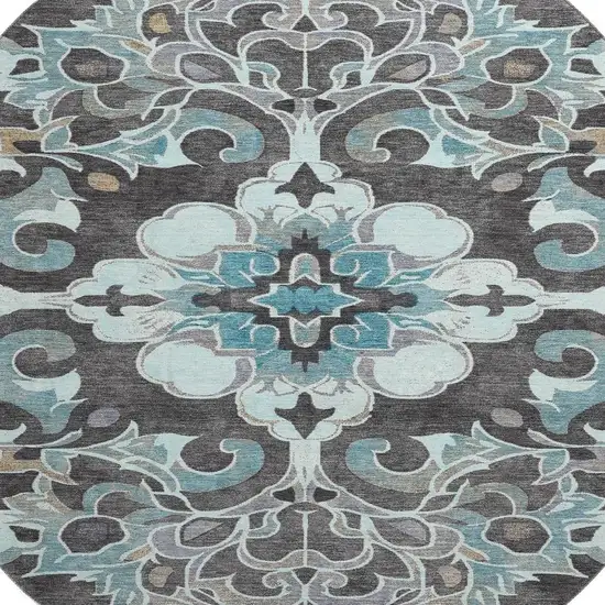 8' Teal Charcoal And Gray Floral Medallion Washable Round Rug With UV Protection Photo 3