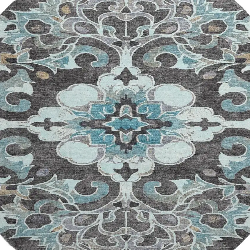 8' Teal Charcoal And Gray Floral Medallion Washable Round Rug With UV Protection Photo 3