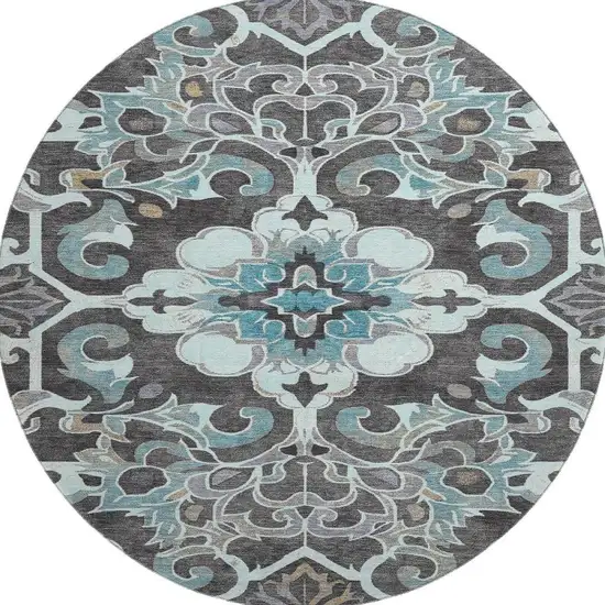 8' Teal Charcoal And Gray Floral Medallion Washable Round Rug With UV Protection Photo 4