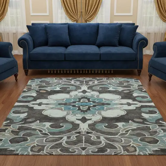8' Teal Charcoal And Gray Floral Medallion Washable Round Rug With UV Protection Photo 2