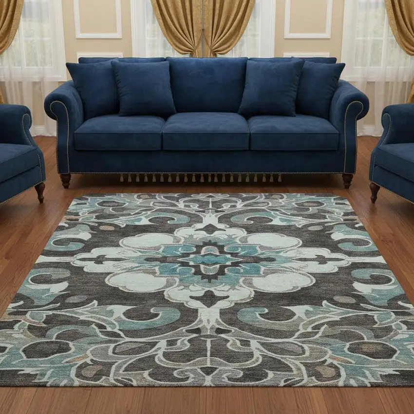 8' Teal Charcoal And Gray Floral Medallion Washable Round Rug With UV Protection Photo 2
