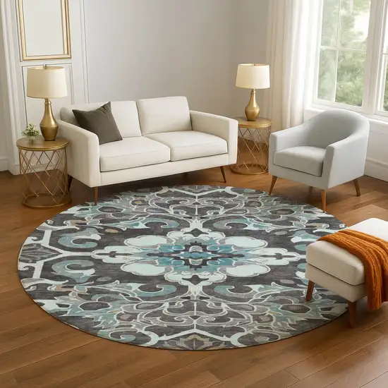 8' Teal Charcoal And Gray Floral Medallion Washable Round Rug With UV Protection Photo 5