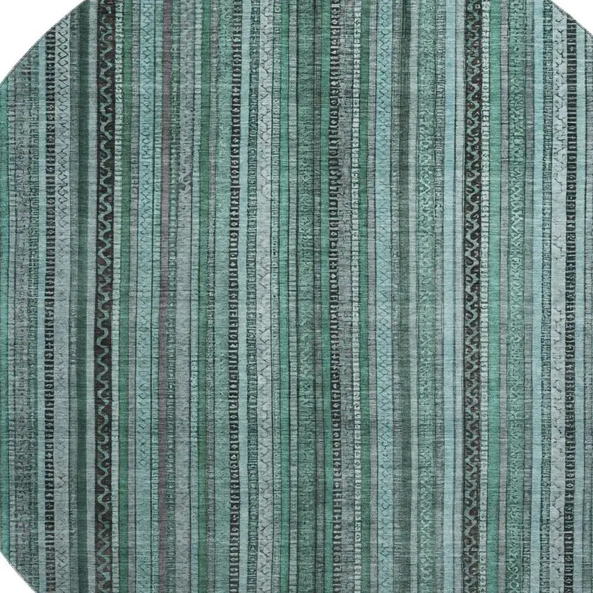 8' Teal Charcoal And Gray Striped Washable Round Rug With UV Protection Photo 2