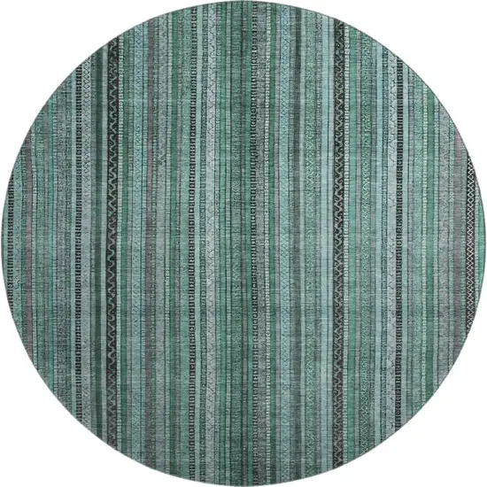 8' Teal Charcoal And Gray Striped Washable Round Rug With UV Protection Photo 1
