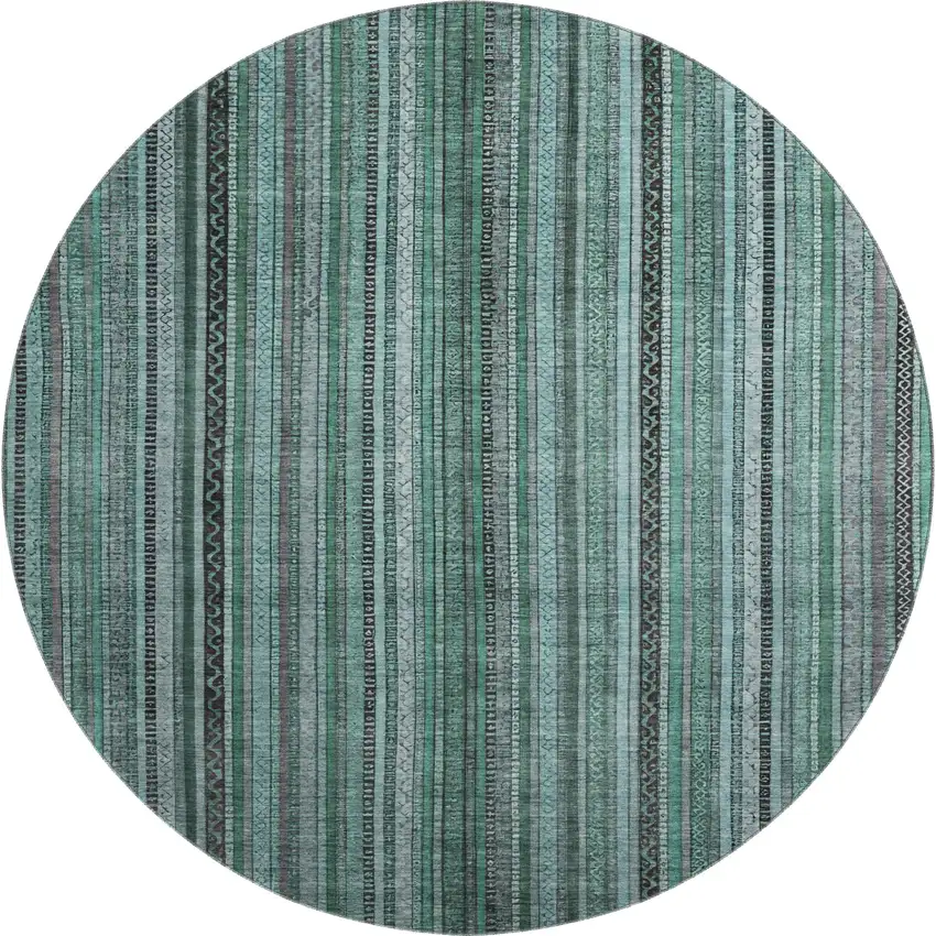 8' Teal Charcoal And Gray Striped Washable Round Rug With UV Protection Photo 1