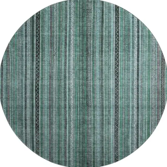 8' Teal Charcoal And Gray Striped Washable Round Rug With UV Protection Photo 3