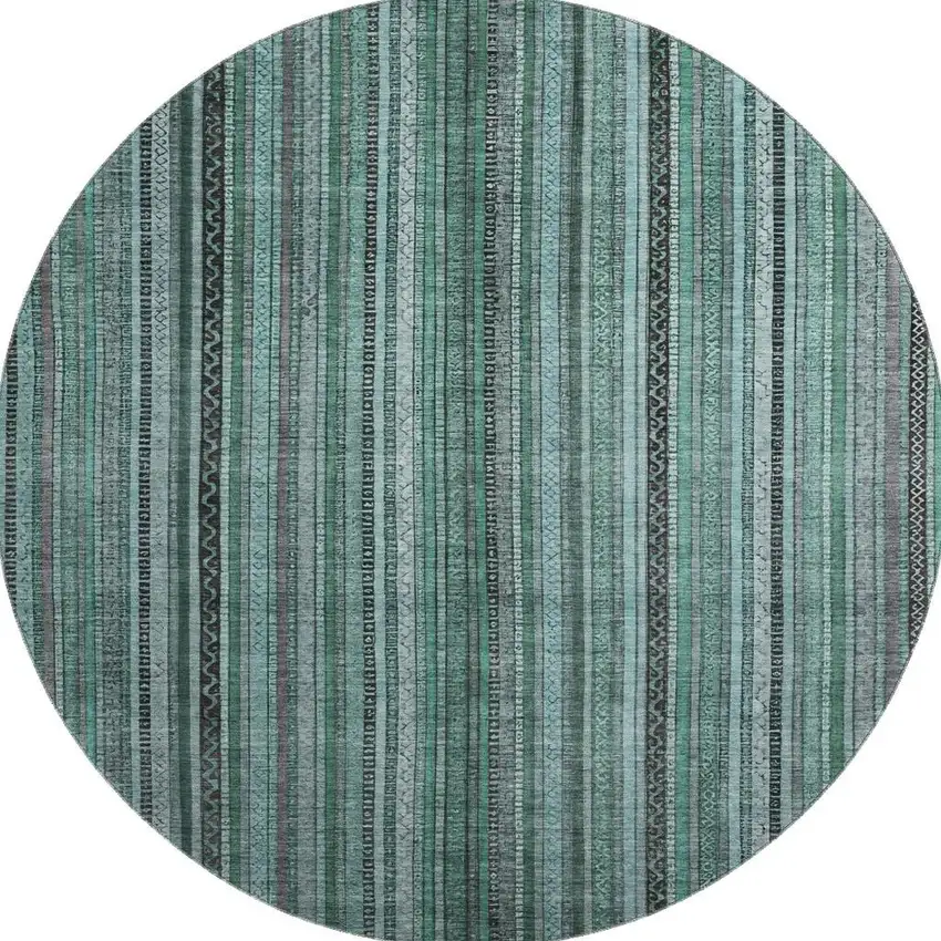 8' Teal Charcoal And Gray Striped Washable Round Rug With UV Protection Photo 3