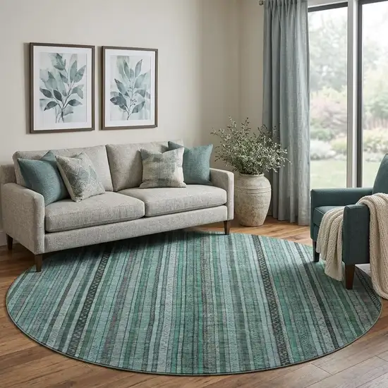 8' Teal Charcoal And Gray Striped Washable Round Rug With UV Protection Photo 1